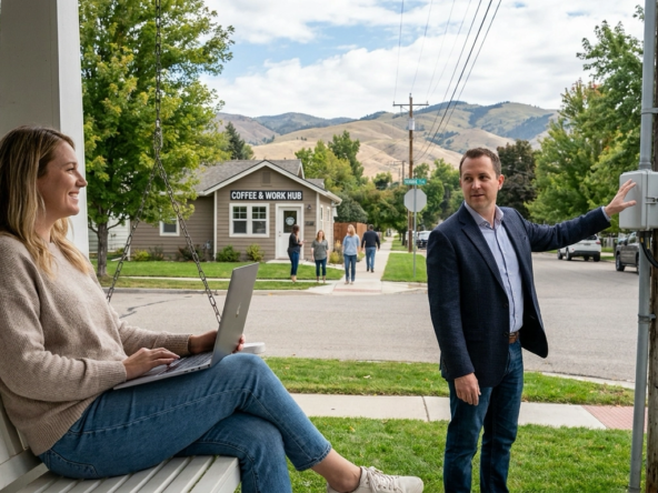 Remote worker on quiet Eagle or North Boise street holding laptop, appreciating peaceful work-from-home environment. Fiber infrastructure visible on poles. Quiet daytime neighborhood with minimal traffic. Coffee shop and co-working space walkable for variety. Agent pointing out remote work advantages—peace, connectivity, amenities. Satisfied expression showing productivity support. Mountain views providing inspiring home office backdrop.