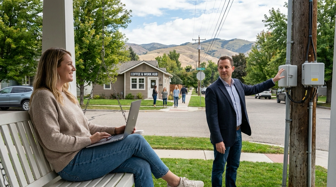 Remote worker on quiet Eagle or North Boise street holding laptop, appreciating peaceful work-from-home environment. Fiber infrastructure visible on poles. Quiet daytime neighborhood with minimal traffic. Coffee shop and co-working space walkable for variety. Agent pointing out remote work advantages—peace, connectivity, amenities. Satisfied expression showing productivity support. Mountain views providing inspiring home office backdrop.