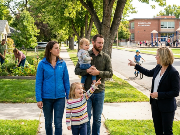 Family of four walking established Boise neighborhood with agent, parents showing children playground in park, families in yards, kids biking on sidewalks. Passing highly-rated elementary school with active playground. Children's excited expressions discovering safe streets and play areas. Mature trees and well-maintained homes creating family-friendly atmosphere. Parents evaluating community for children.