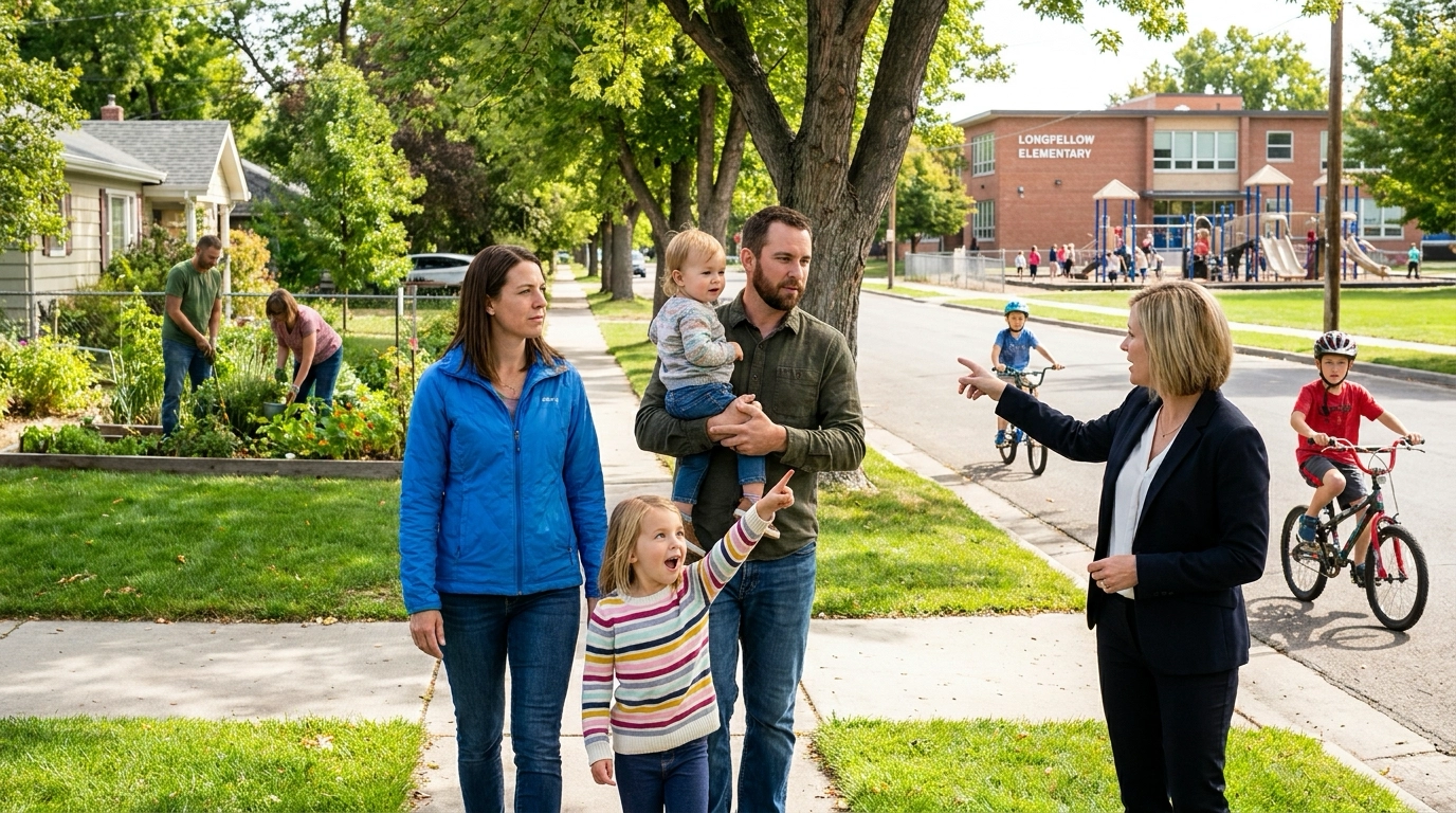 Family of four walking established Boise neighborhood with agent, parents showing children playground in park, families in yards, kids biking on sidewalks. Passing highly-rated elementary school with active playground. Children's excited expressions discovering safe streets and play areas. Mature trees and well-maintained homes creating family-friendly atmosphere. Parents evaluating community for children.