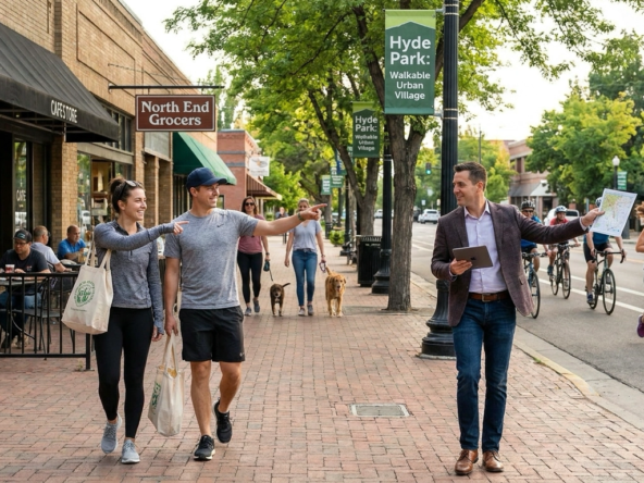 Active couple walking Boise North End with shopping bags, pointing out walkable coffee shops, restaurants, groceries within strolling distance. Bike lanes, tree-lined sidewalks, pedestrian streets visible. Other residents walking dogs, jogging, biking. Couple energized by car-free lifestyle. Agent highlighting walkability features. Urban village atmosphere with local businesses and community interaction.