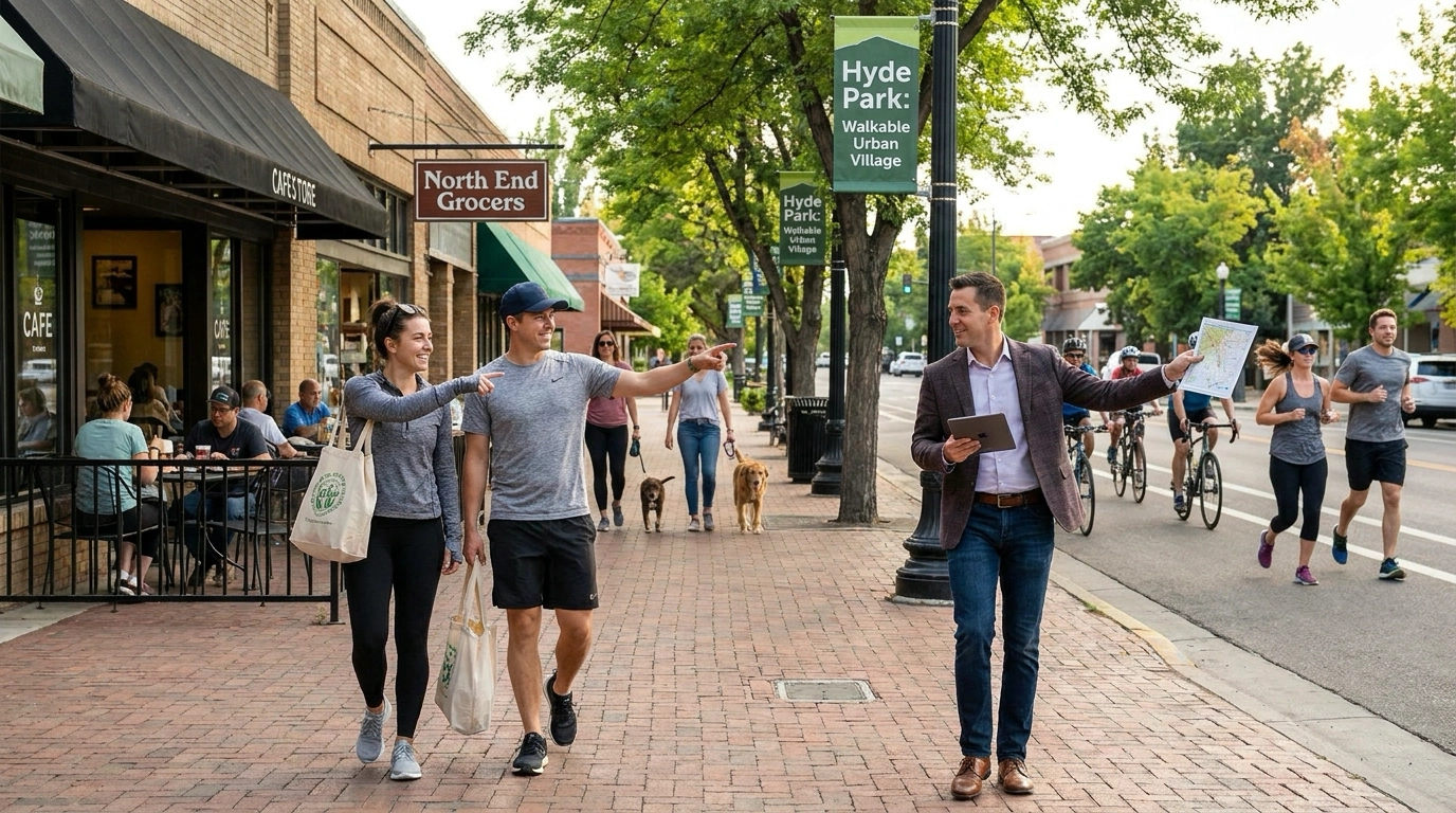 Active couple walking Boise North End with shopping bags, pointing out walkable coffee shops, restaurants, groceries within strolling distance. Bike lanes, tree-lined sidewalks, pedestrian streets visible. Other residents walking dogs, jogging, biking. Couple energized by car-free lifestyle. Agent highlighting walkability features. Urban village atmosphere with local businesses and community interaction.