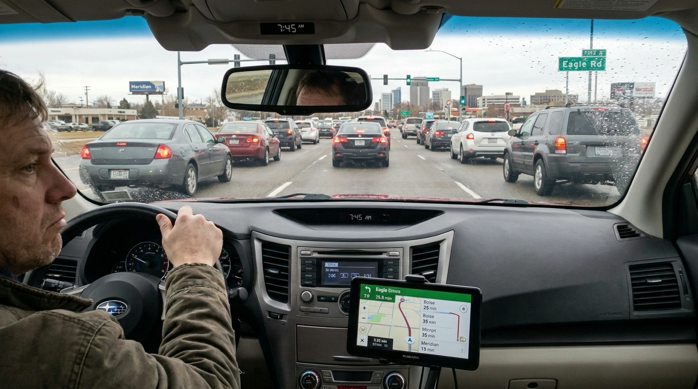Commuter in car during morning rush on Eagle Road showing realistic commute scenario. Navigation displays actual times. Windshield view shows Treasure Valley destinations—downtown Boise, Micron, Meridian. Dashboard clock shows timing. Traffic patterns and drive time reality evident. Prepared, realistic expression versus surprise. Treasure Valley infrastructure and traffic visible through commuter perspective.