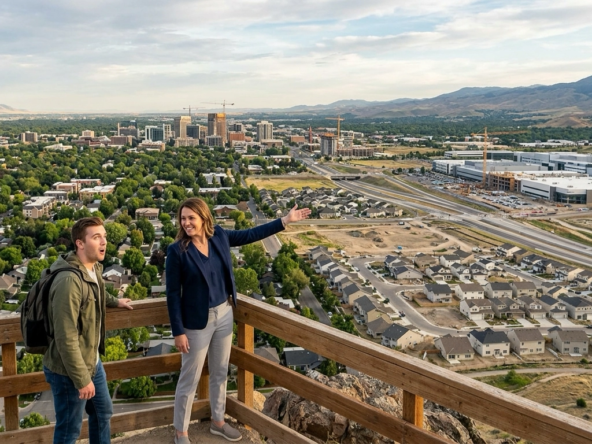 Newcomer at elevated viewpoint overlooking Boise valley with sweeping gesture taking in visible transformation—new construction, Micron expansion, growing skyline, infrastructure projects. Agent pointing out growth indicators. Cranes on horizon, new neighborhoods spreading to foothills. Impressed expression at development scale. Established versus new areas visible. Mountains showing geographic constraints. Treasure Valley's rapid transformation in panoramic view.