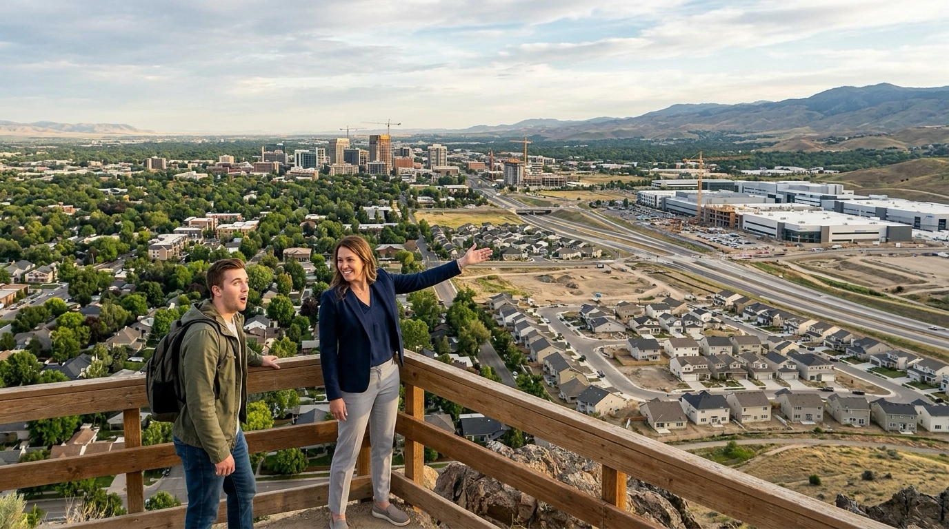 Newcomer at elevated viewpoint overlooking Boise valley with sweeping gesture taking in visible transformation—new construction, Micron expansion, growing skyline, infrastructure projects. Agent pointing out growth indicators. Cranes on horizon, new neighborhoods spreading to foothills. Impressed expression at development scale. Established versus new areas visible. Mountains showing geographic constraints. Treasure Valley's rapid transformation in panoramic view.