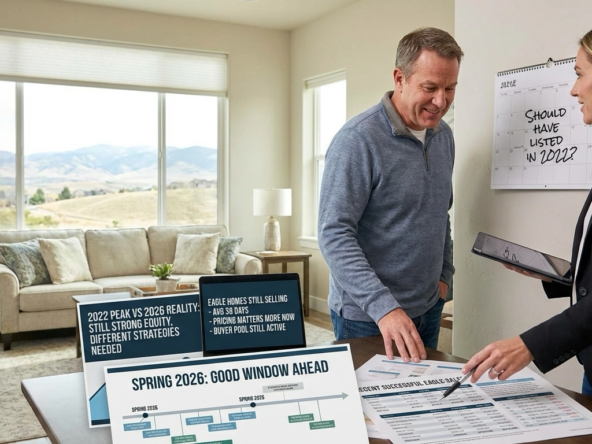Eagle homeowner with calendar questioning 2022 timing while agent reviews current market showing homes still selling in 38 days average with strong equity retention. Documents compare 2022 peak to 2026 reality with spring opportunity ahead. Recent successful sales data visible. Eagle mountain views through window.