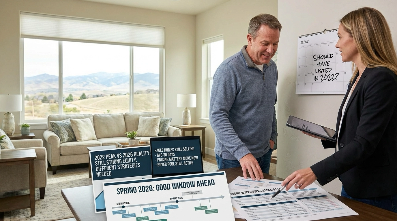 Eagle homeowner with calendar questioning 2022 timing while agent reviews current market showing homes still selling in 38 days average with strong equity retention. Documents compare 2022 peak to 2026 reality with spring opportunity ahead. Recent successful sales data visible. Eagle mountain views through window.