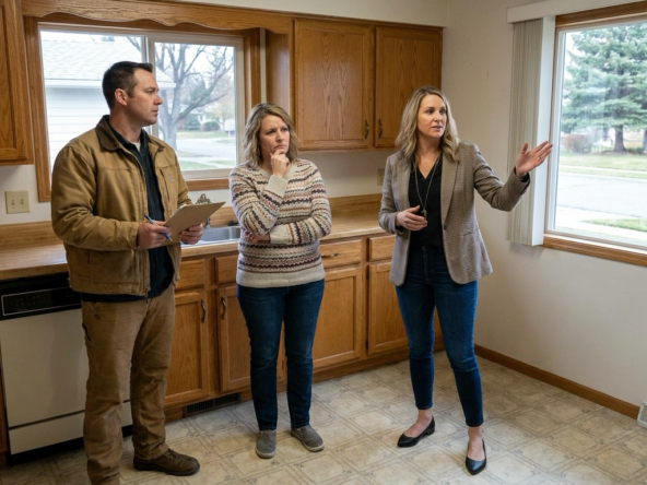 Homeowner in dated kitchen between contractor suggesting updates and agent proposing as-is strategy. All examining space analytically. Kitchen shows older but clean cabinets and countertops. Homeowner's uncertain expression weighing renovation investment versus current market acceptance. Boise home setting.