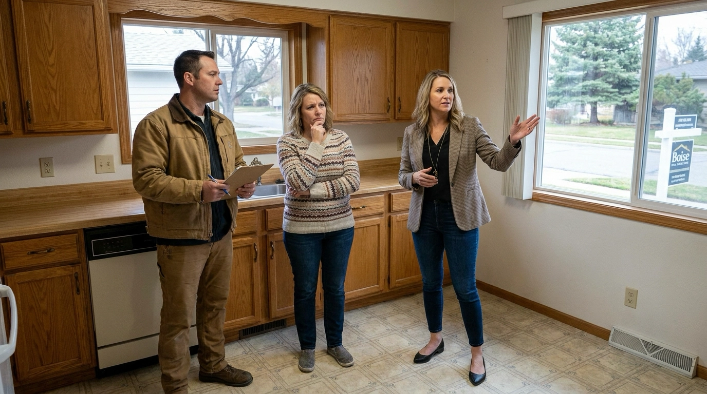 Homeowner in dated kitchen between contractor suggesting updates and agent proposing as-is strategy. All examining space analytically. Kitchen shows older but clean cabinets and countertops. Homeowner's uncertain expression weighing renovation investment versus current market acceptance. Boise home setting.