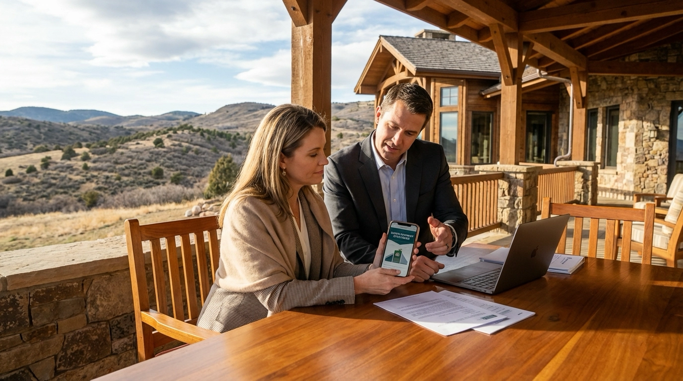 Luxury buyer on grand porch of upscale Eagle estate reviewing down payment options on phone with financial advisor explaining alternatives. Premium custom home visible. Eagle foothills backdrop. Contemplative financing strategy consideration.