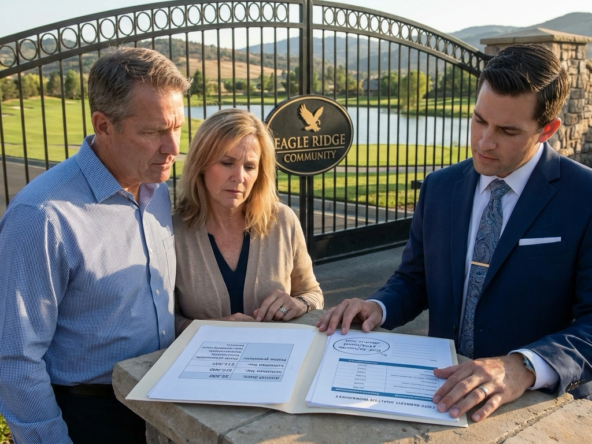 Eagle homeowner couple with realtor at private community gate reviewing amenity costs. Documents show $8,500 annual dues, $15K initiation, and $125K home price premium. Cost-benefit analysis compares amenity versus standard communities. Golf course and lake visible beyond gate. Eagle foothills background.