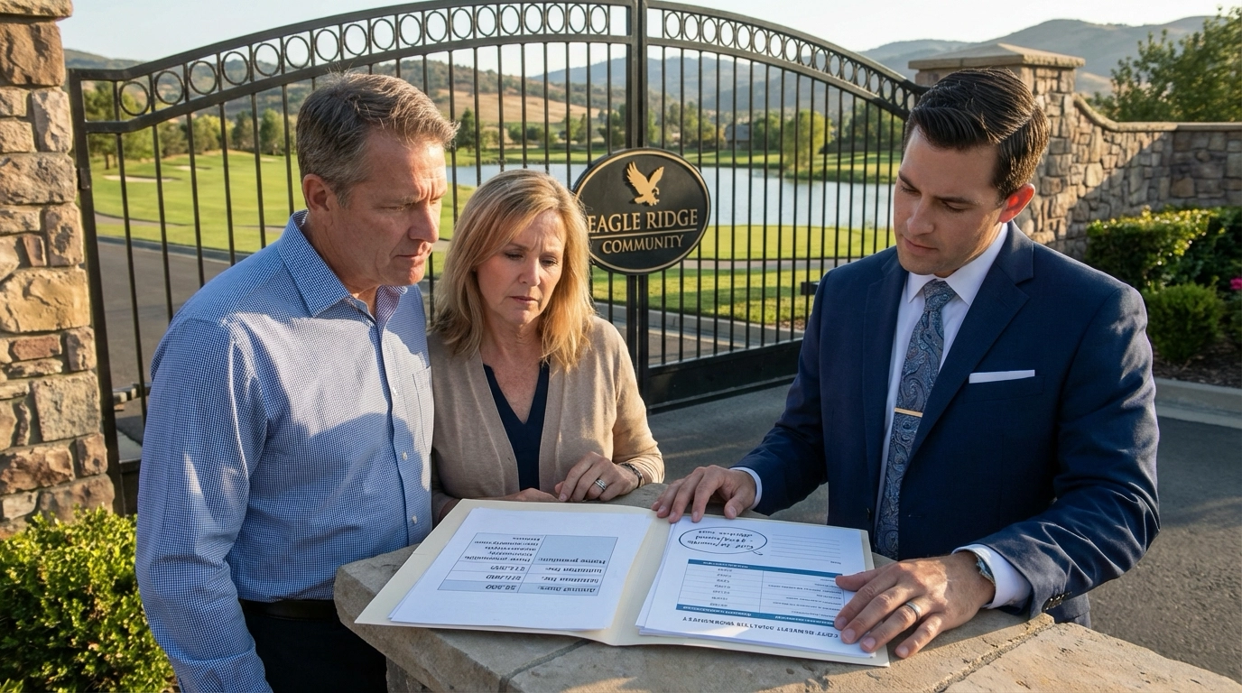 Eagle homeowner couple with realtor at private community gate reviewing amenity costs. Documents show $8,500 annual dues, $15K initiation, and $125K home price premium. Cost-benefit analysis compares amenity versus standard communities. Golf course and lake visible beyond gate. Eagle foothills background.