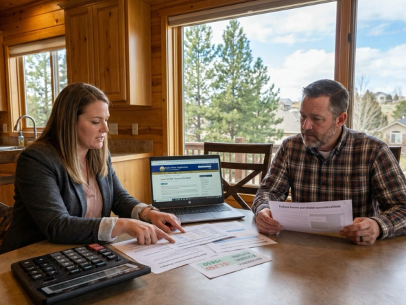Eagle homeowner and tax advisor reviewing 2026 Idaho homeowner exemption law changes at kitchen table. Documents compare previous and new exemption caps with tax impact calculations. Legislature website on laptop. Worksheet shows implications for future purchases. Eagle views through window.