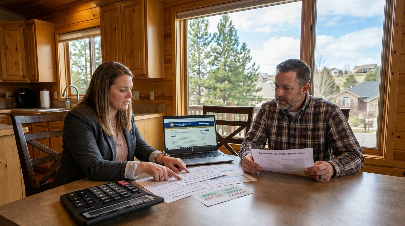 Eagle homeowner and tax advisor reviewing 2026 Idaho homeowner exemption law changes at kitchen table. Documents compare previous and new exemption caps with tax impact calculations. Legislature website on laptop. Worksheet shows implications for future purchases. Eagle views through window.