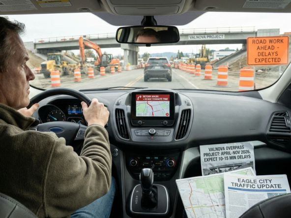 Eagle resident in vehicle at Highway 16 Valnova overpass construction zone with equipment and detour signs visible. Dashboard GPS shows rerouted path. Construction timeline flyer shows April-November 2026 project duration with 10-15 minute delay warnings. Alternate route map on passenger seat.