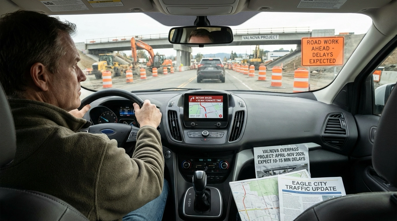 Eagle resident in vehicle at Highway 16 Valnova overpass construction zone with equipment and detour signs visible. Dashboard GPS shows rerouted path. Construction timeline flyer shows April-November 2026 project duration with 10-15 minute delay warnings. Alternate route map on passenger seat.