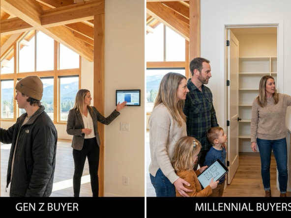 Side-by-side generational comparison: Gen Z buyer mid-twenties examining smart home tech and sustainability features with phone ready, versus Millennial mid-thirties with family inspecting storage, layout, and schools. Agent adapting to each generation's distinct priorities. Eagle home setting showing different buyer focuses.