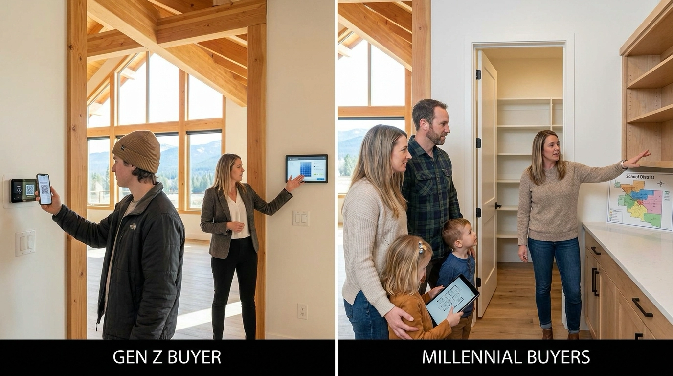 Side-by-side generational comparison: Gen Z buyer mid-twenties examining smart home tech and sustainability features with phone ready, versus Millennial mid-thirties with family inspecting storage, layout, and schools. Agent adapting to each generation's distinct priorities. Eagle home setting showing different buyer focuses.