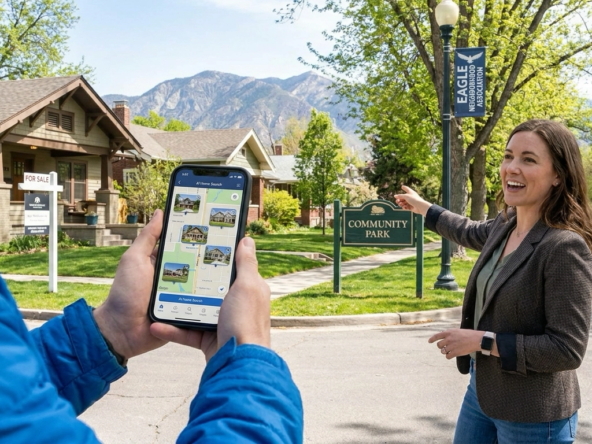 Buyer walking Eagle neighborhood using smartphone AI home search app scanning properties for instant information while realtor provides human context about community features and developments AI can't capture. Technology-plus-expertise approach visible. Buyer's digital tools complemented by agent's local knowledge. Eagle neighborhood with mountain backdrop.