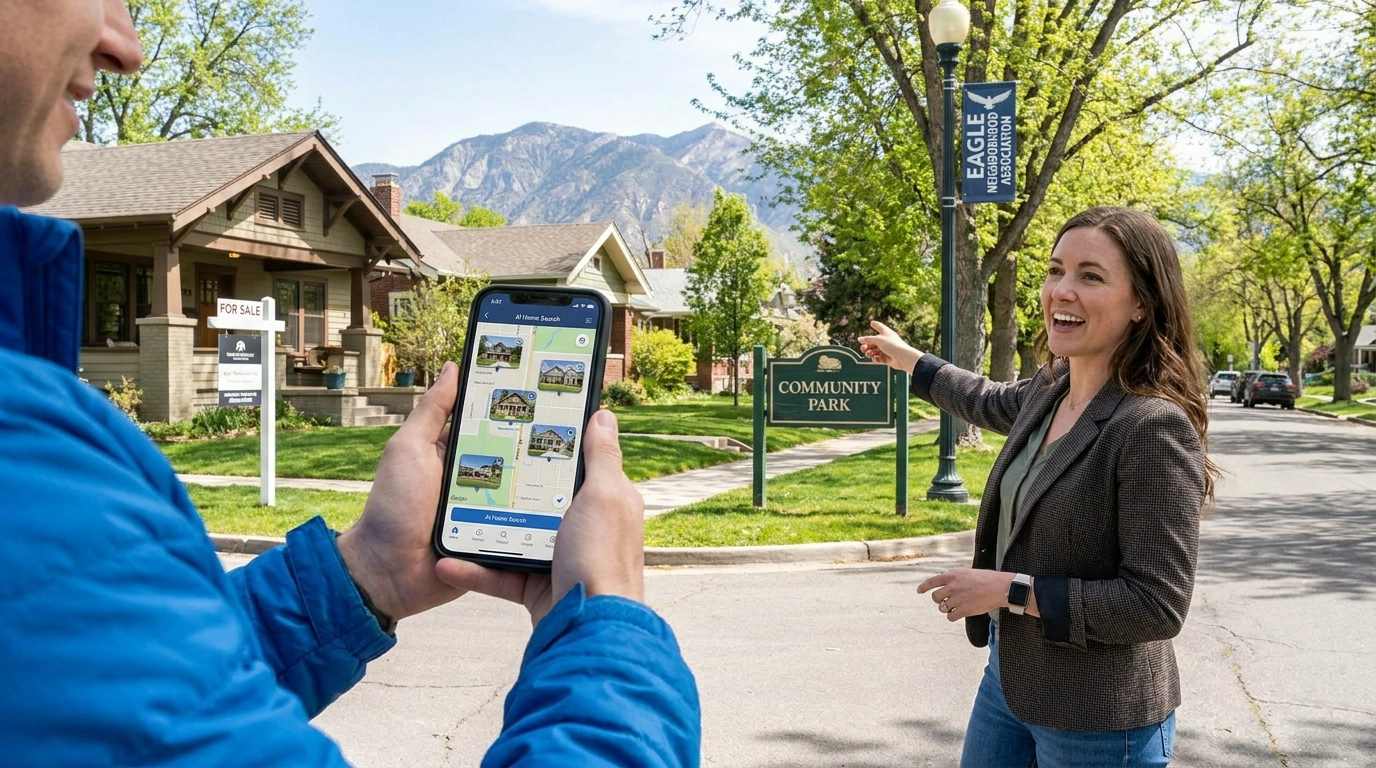 Buyer walking Eagle neighborhood using smartphone AI home search app scanning properties for instant information while realtor provides human context about community features and developments AI can't capture. Technology-plus-expertise approach visible. Buyer's digital tools complemented by agent's local knowledge. Eagle neighborhood with mountain backdrop.
