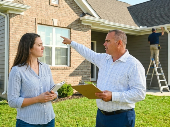 Realtor with first-time buyer outside home during inspection, pointing out important concerns buyer almost missed in competitive rush. Inspector examining foundation while agent ensures thorough evaluation before waiving contingencies. Agent's protective guidance tempering buyer's competitive urgency. Professional due diligence versus emotional overreach contrast evident. Boise home with inspection process prioritizing evaluation over speed.
