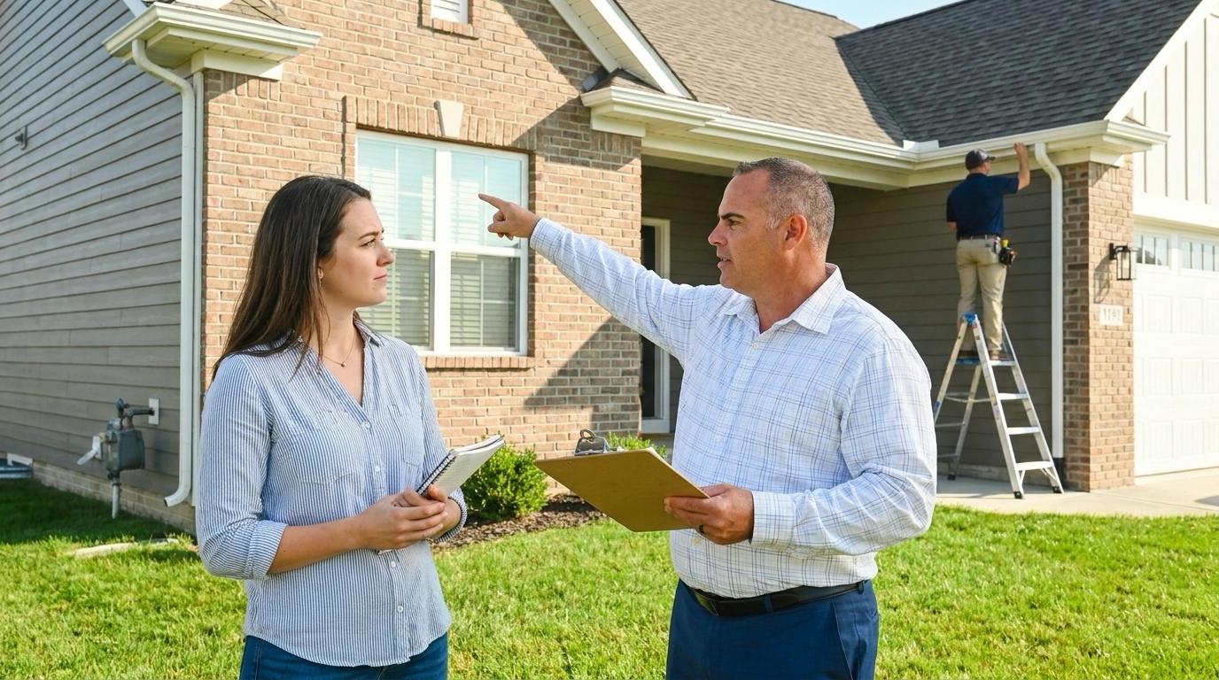 Realtor with first-time buyer outside home during inspection, pointing out important concerns buyer almost missed in competitive rush. Inspector examining foundation while agent ensures thorough evaluation before waiving contingencies. Agent's protective guidance tempering buyer's competitive urgency. Professional due diligence versus emotional overreach contrast evident. Boise home with inspection process prioritizing evaluation over speed.