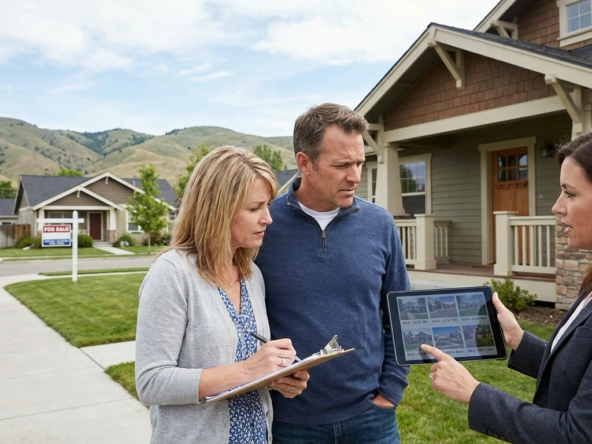 Cautious buyers outside Boise home reviewing comparative market analysis on tablet with agent pointing to similar sold properties. Buyers examining property critically, taking notes versus showing emotion. Another for-sale home visible showing market options. Analytical due diligence approach. Boise neighborhood with foothills backdrop.