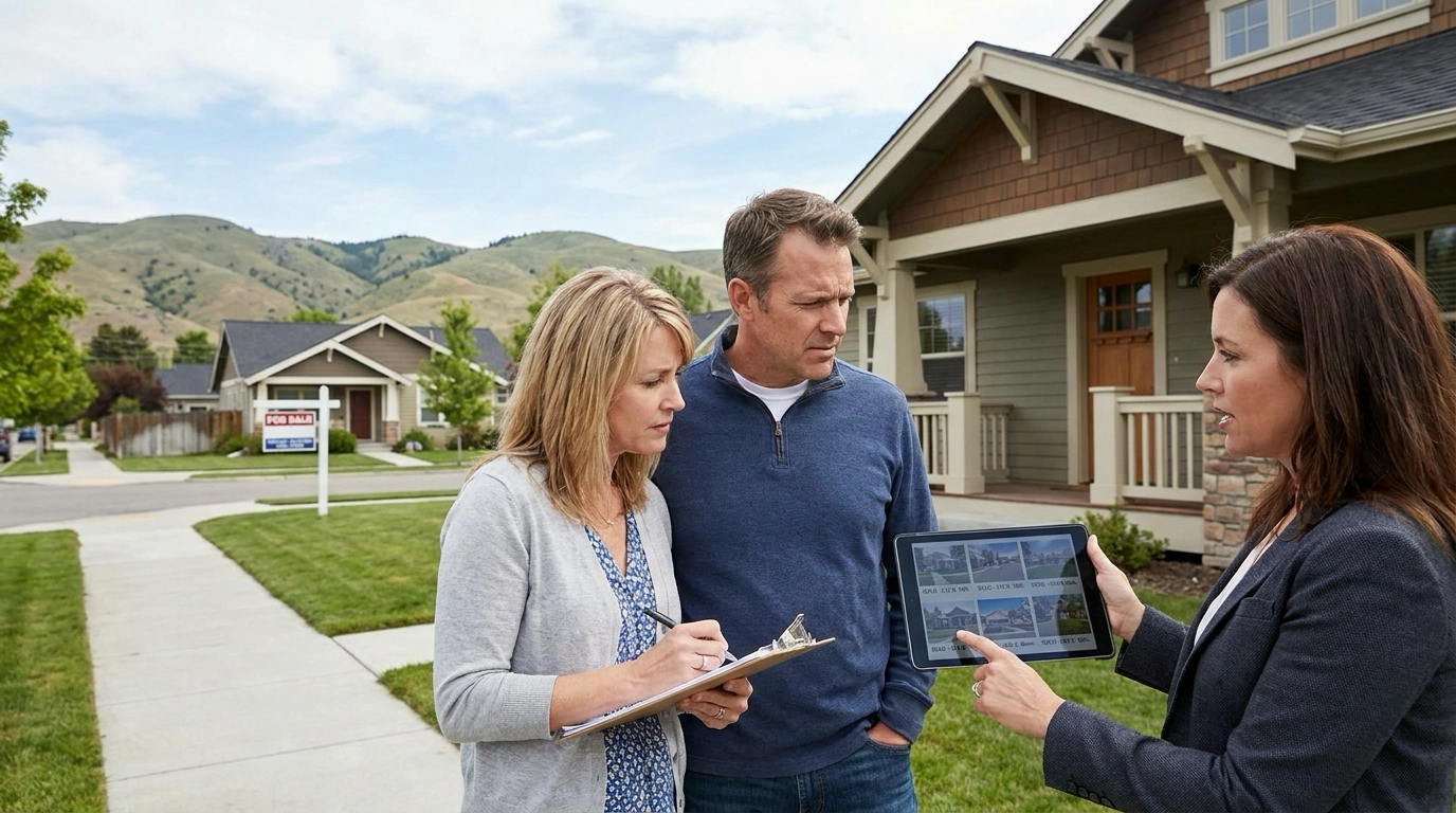 Cautious buyers outside Boise home reviewing comparative market analysis on tablet with agent pointing to similar sold properties. Buyers examining property critically, taking notes versus showing emotion. Another for-sale home visible showing market options. Analytical due diligence approach. Boise neighborhood with foothills backdrop.