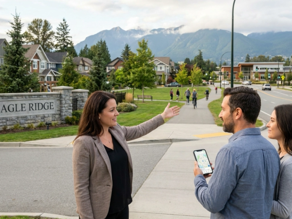 Relocating buyers at neighborhood entrance with realtor pointing out features beyond homes—amenities, traffic, community character. Buyer holding phone with incomplete online research while agent reveals local details. Walking streets discovering realities not visible in listings. Eagle neighborhood with mountain backdrop.