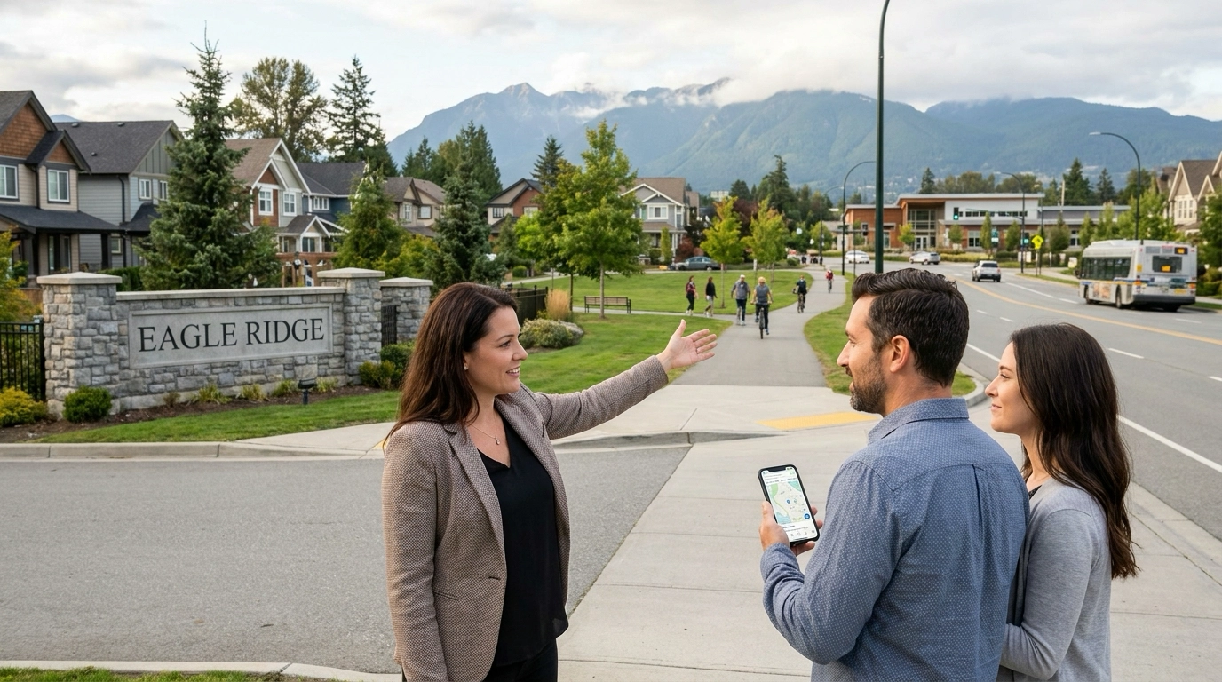 Relocating buyers at neighborhood entrance with realtor pointing out features beyond homes—amenities, traffic, community character. Buyer holding phone with incomplete online research while agent reveals local details. Walking streets discovering realities not visible in listings. Eagle neighborhood with mountain backdrop.