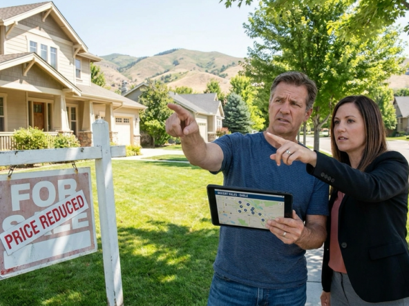Skeptical buyer outside Eagle home reviewing comparable sales on tablet with agent pointing to similar properties sold for less down the street. Buyer critically examining property condition and features against asking price. Aged yard sign suggesting price resistance. Agent helping identify overpricing signals. Eagle neighborhood with foothills backdrop.
