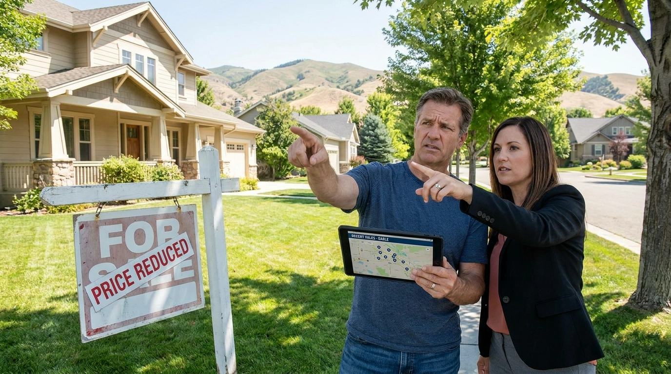 Skeptical buyer outside Eagle home reviewing comparable sales on tablet with agent pointing to similar properties sold for less down the street. Buyer critically examining property condition and features against asking price. Aged yard sign suggesting price resistance. Agent helping identify overpricing signals. Eagle neighborhood with foothills backdrop.