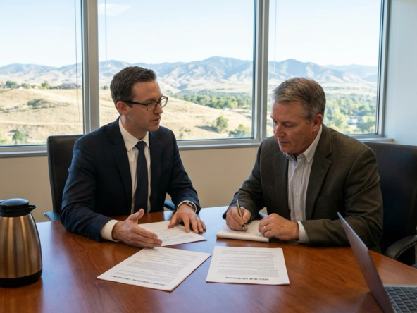 Seller with attorney at conference table reviewing protective contract addendums for contingent offer acceptance. Attorney explaining escape clauses and kick-out provisions. Seller taking notes on protection strategy. Professional risk-mitigation consultation. Treasure Valley visible through office window.