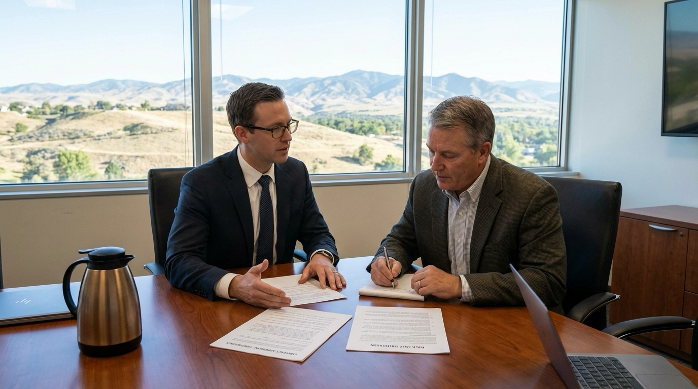 Seller with attorney at conference table reviewing protective contract addendums for contingent offer acceptance. Attorney explaining escape clauses and kick-out provisions. Seller taking notes on protection strategy. Professional risk-mitigation consultation. Treasure Valley visible through office window.