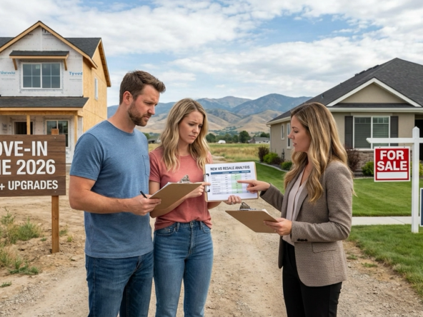 Buyers between new construction site and resale home in Meridian comparing options. New construction shows June 2026 completion at $595K. Resale home available immediately at $565K with mature landscaping. Agent displays cost and timeline comparison worksheet. Mountain backdrop.
