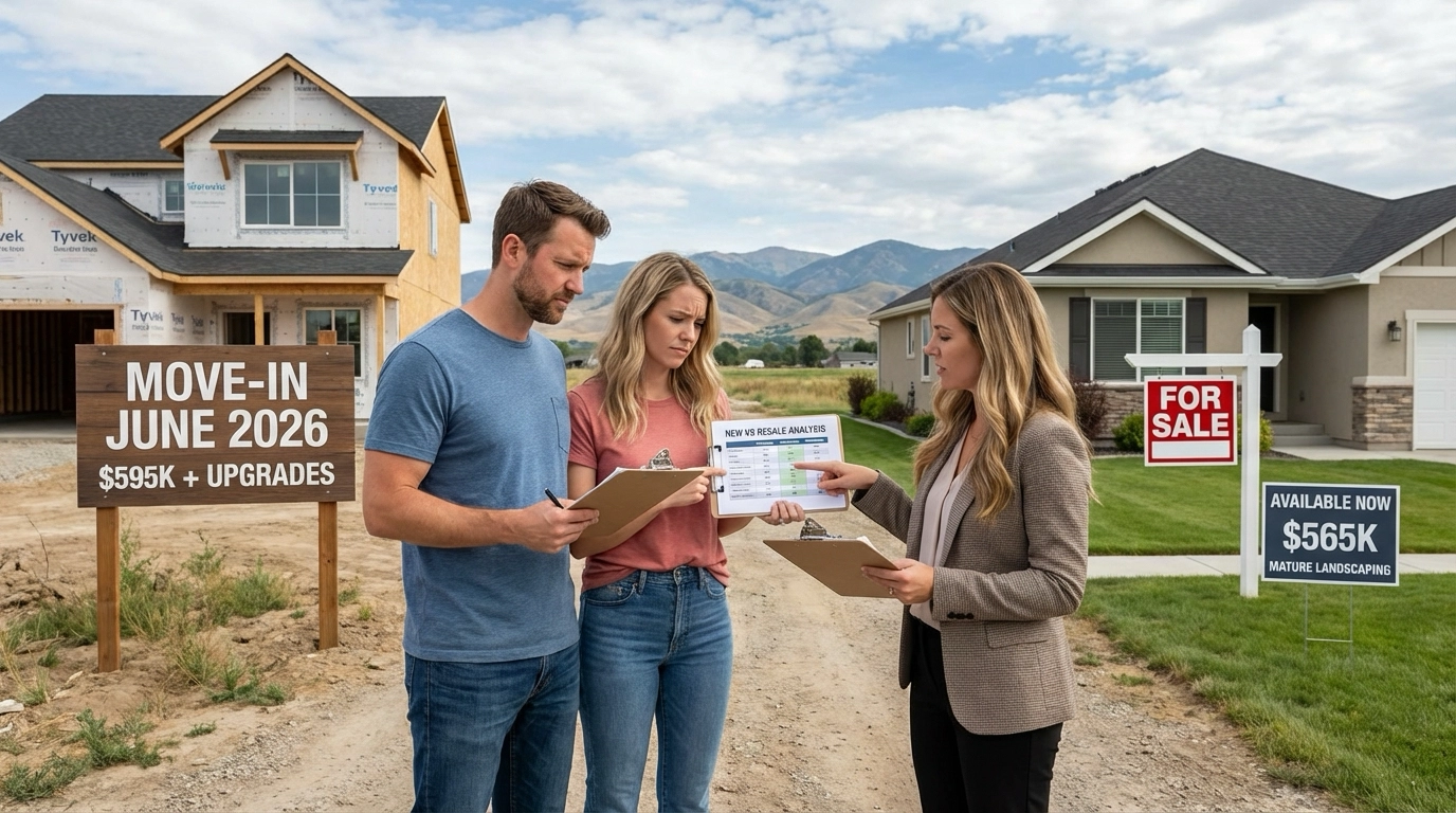 Buyers between new construction site and resale home in Meridian comparing options. New construction shows June 2026 completion at $595K. Resale home available immediately at $565K with mature landscaping. Agent displays cost and timeline comparison worksheet. Mountain backdrop.