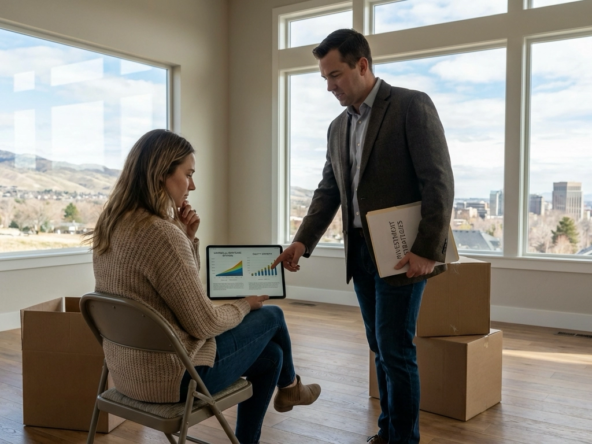 Buyer in empty Boise home living room weighing bank statements showing savings against mortgage scenarios on tablet. Agent discusses investment alternatives. Large windows with Boise views. Strategic financial decision expression balancing liquidity and equity.