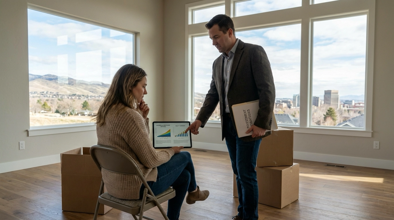 Buyer in empty Boise home living room weighing bank statements showing savings against mortgage scenarios on tablet. Agent discusses investment alternatives. Large windows with Boise views. Strategic financial decision expression balancing liquidity and equity.