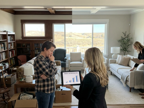 Homeowner in doorway viewing dramatic split room comparison—left side cluttered with personal items, right side professionally staged with modern neutral furniture. Stager arranging final touches while agent shows staged versus unstaged sales comparisons on tablet. Homeowner's impressed expression weighing staging investment. Boise home interior.