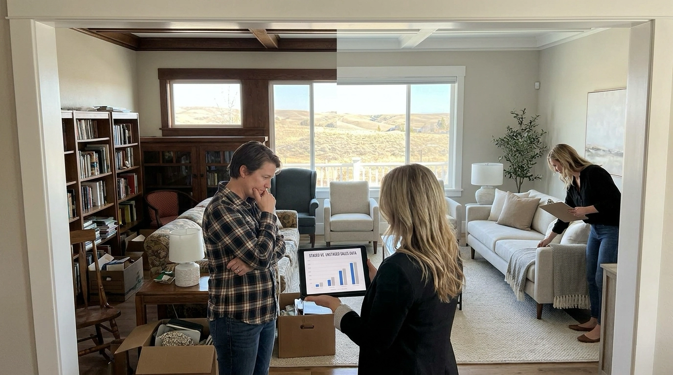 Homeowner in doorway viewing dramatic split room comparison—left side cluttered with personal items, right side professionally staged with modern neutral furniture. Stager arranging final touches while agent shows staged versus unstaged sales comparisons on tablet. Homeowner's impressed expression weighing staging investment. Boise home interior.