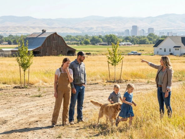 Buyer family on spacious Kuna acreage property with mountain views, agent explaining rural living trade-offs. Family contemplating distance to Boise amenities versus space and affordability. Kids enjoying large yard while parents discuss commute realities. Agent pointing to Boise skyline in distance. Rural-versus-urban lifestyle decision evident. Kuna landscape showing agricultural heritage meeting new development.