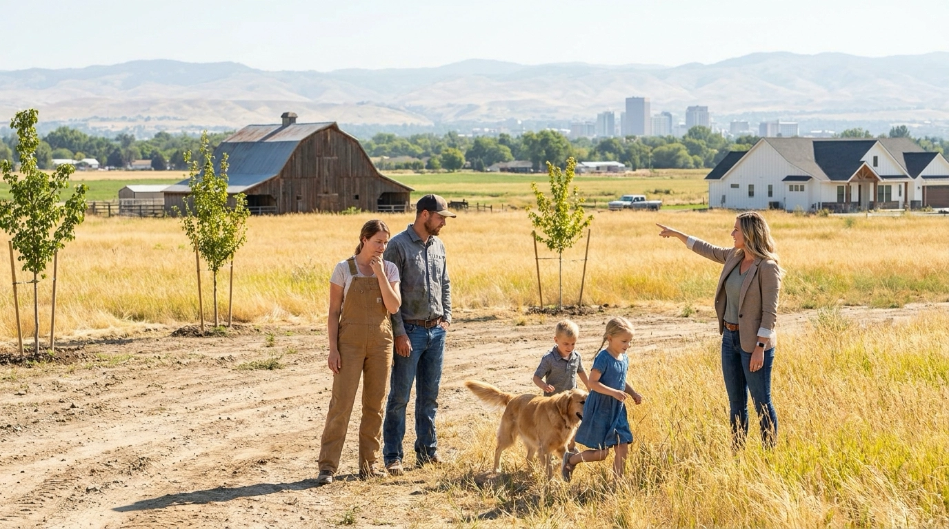 Buyer family on spacious Kuna acreage property with mountain views, agent explaining rural living trade-offs. Family contemplating distance to Boise amenities versus space and affordability. Kids enjoying large yard while parents discuss commute realities. Agent pointing to Boise skyline in distance. Rural-versus-urban lifestyle decision evident. Kuna landscape showing agricultural heritage meeting new development.