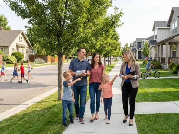 Family walking Meridian neighborhood observing family-friendly community—multiple families outside, children playing in yards and cul-de-sacs, parents socializing. Parks, schools, amenities visible nearby. Agent showing active community life. Parents evaluating whether growth maintained family appeal. Mix of established and new development. Children excited by nearby playmates. Parents analytically weighing Meridian's family value.