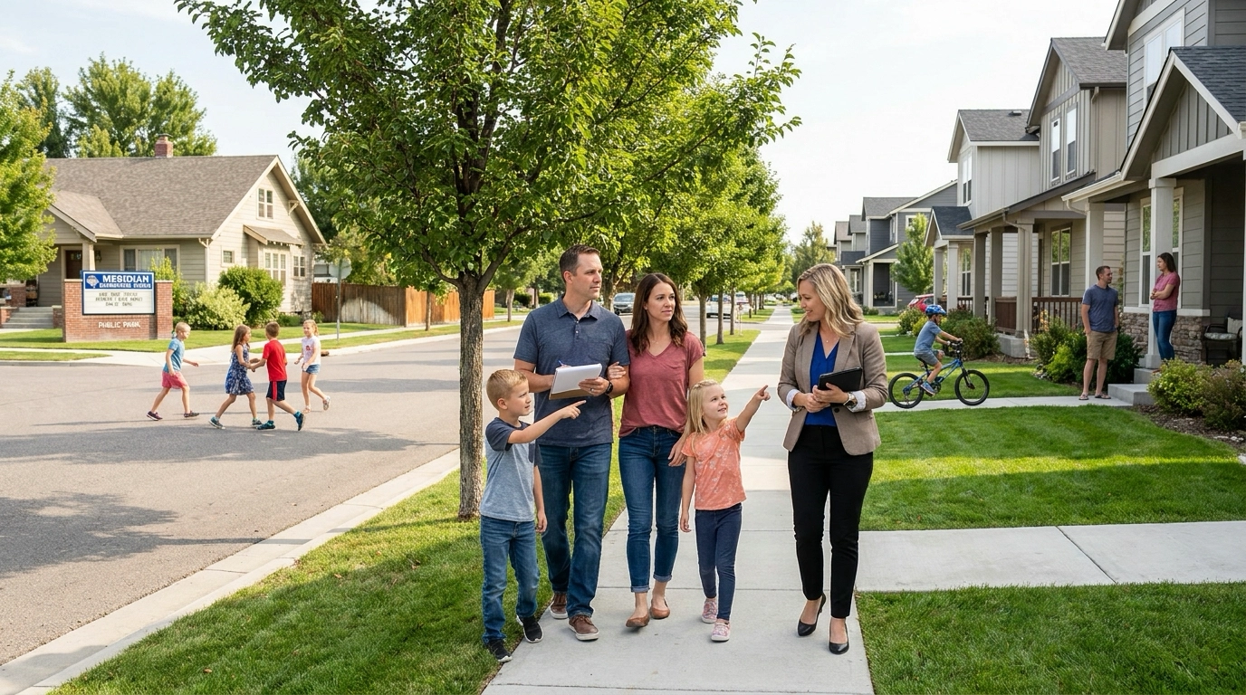 Family walking Meridian neighborhood observing family-friendly community—multiple families outside, children playing in yards and cul-de-sacs, parents socializing. Parks, schools, amenities visible nearby. Agent showing active community life. Parents evaluating whether growth maintained family appeal. Mix of established and new development. Children excited by nearby playmates. Parents analytically weighing Meridian's family value.