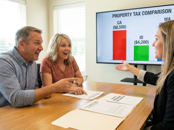 California relocating couple with Idaho realtor comparing property taxes showing significant savings - CA $8,500 versus Idaho $4,200 annually on comparable homes. Washington comparison also displayed. Homeowner's exemption forms and assessment explanation documents on table. Surprised but pleased expressions.