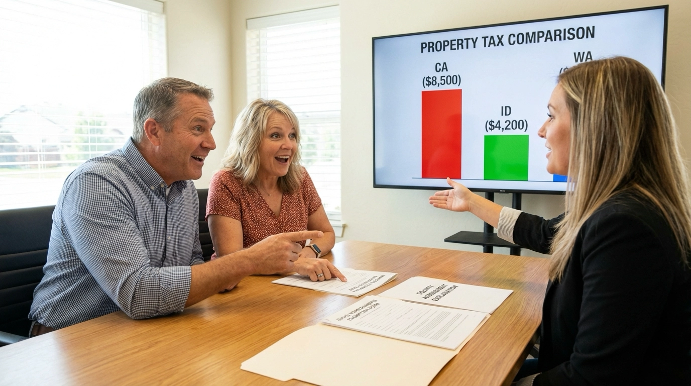 California relocating couple with Idaho realtor comparing property taxes showing significant savings - CA $8,500 versus Idaho $4,200 annually on comparable homes. Washington comparison also displayed. Homeowner's exemption forms and assessment explanation documents on table. Surprised but pleased expressions.