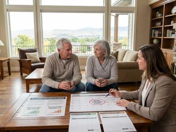 Senior downsizing couple with realtor reviewing seasonal selling strategy in living room. Documents compare spring/summer market activity versus fall conditions. Market data shows 32-day average for spring versus 48-day fall sales. Calendar highlights April decision timeline. Thoughtful strategic expressions.