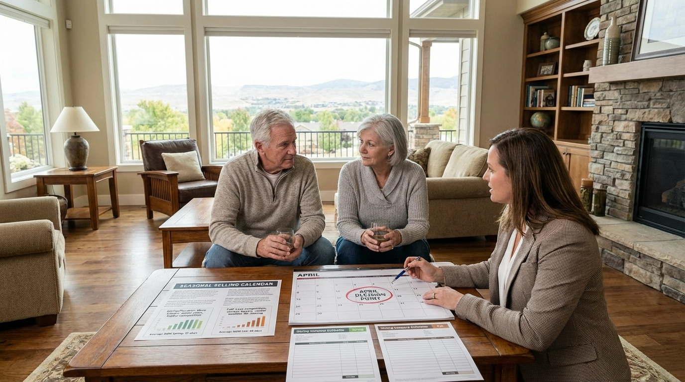 Senior downsizing couple with realtor reviewing seasonal selling strategy in living room. Documents compare spring/summer market activity versus fall conditions. Market data shows 32-day average for spring versus 48-day fall sales. Calendar highlights April decision timeline. Thoughtful strategic expressions.