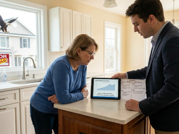 Seller reviewing first offer received on day three of listing showing $615K on $625K asking price with clean terms. Agent's tablet displays 2026 market data showing average 2.1 offers per home and first offers typically strongest. Decision worksheet compares accepting versus testing market. Eagle home visible.