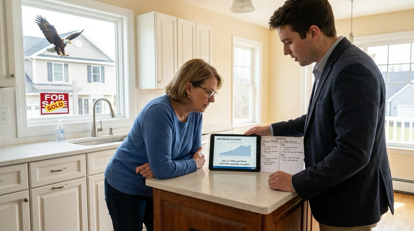 Seller reviewing first offer received on day three of listing showing $615K on $625K asking price with clean terms. Agent's tablet displays 2026 market data showing average 2.1 offers per home and first offers typically strongest. Decision worksheet compares accepting versus testing market. Eagle home visible.